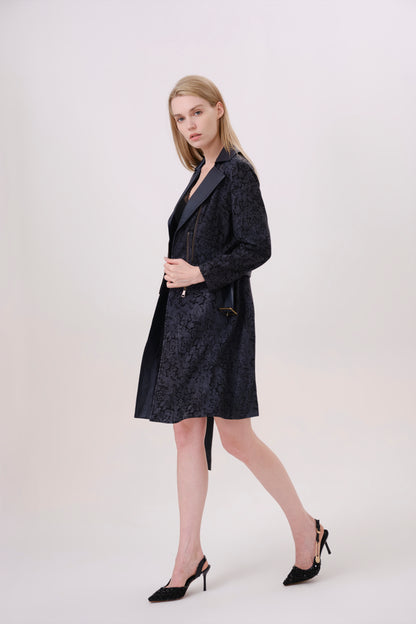 Navy Leather Belted Longline Trench Coat