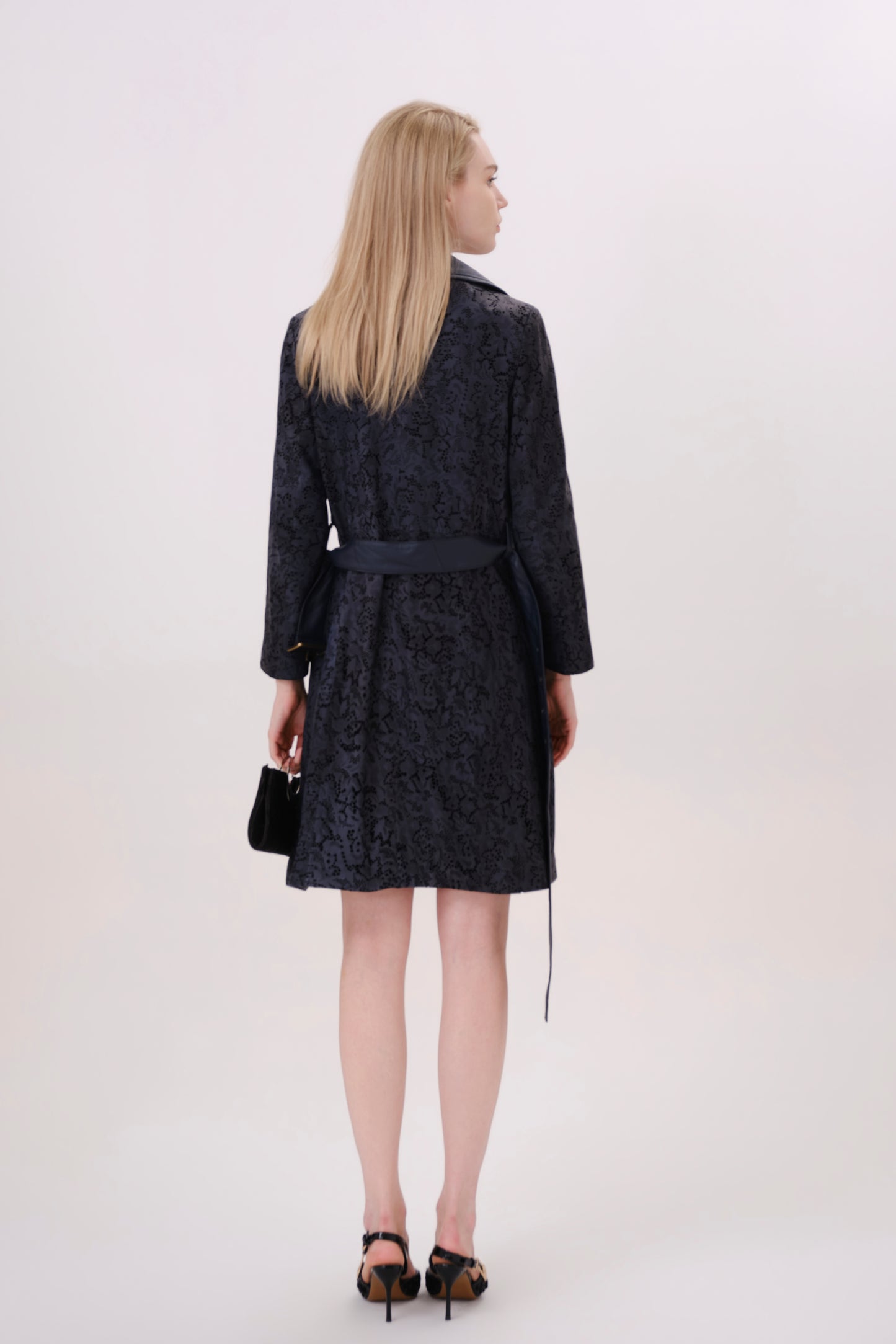 Navy Leather Belted Longline Trench Coat