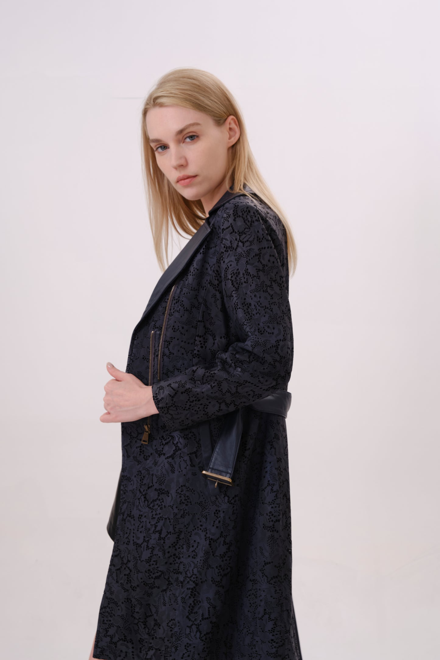 Navy Leather Belted Longline Trench Coat