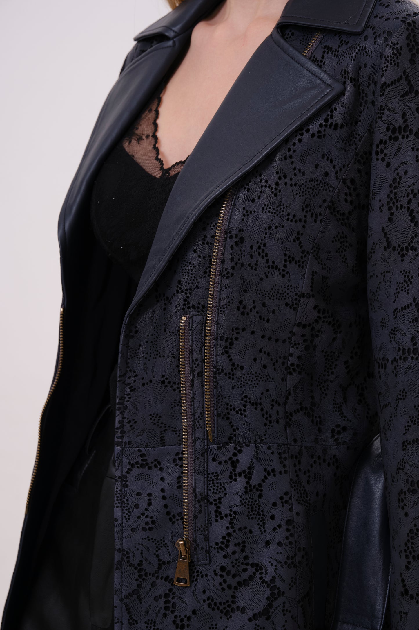 Navy Leather Belted Longline Trench Coat