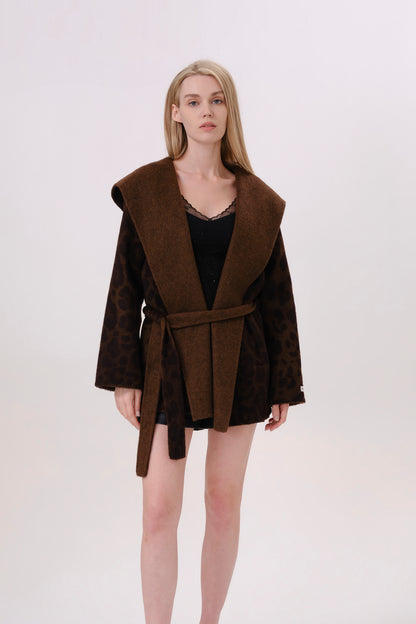 Brown Leopard Print Wool Coat