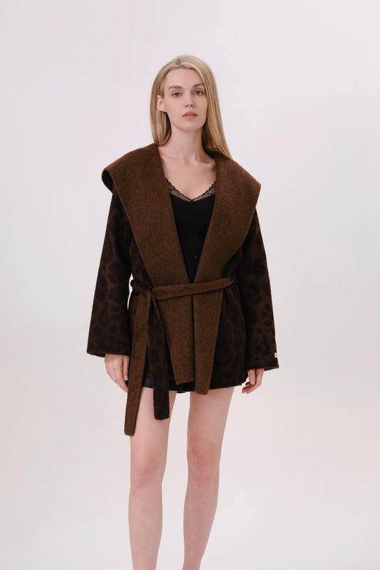 Brown Leopard Print Wool Coat