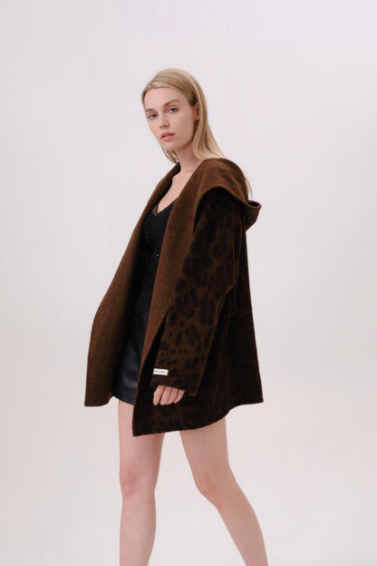 Brown Leopard Print Wool Coat