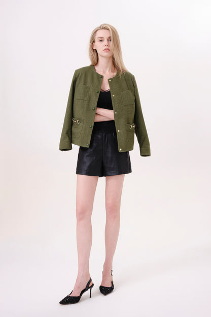 Olive Green Leather Biker Jacket