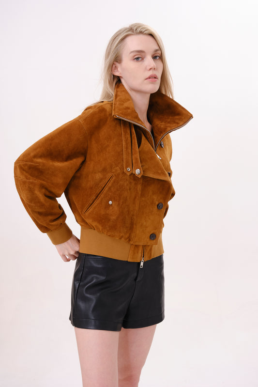 Camel Lamb Leather Varsity Jacket