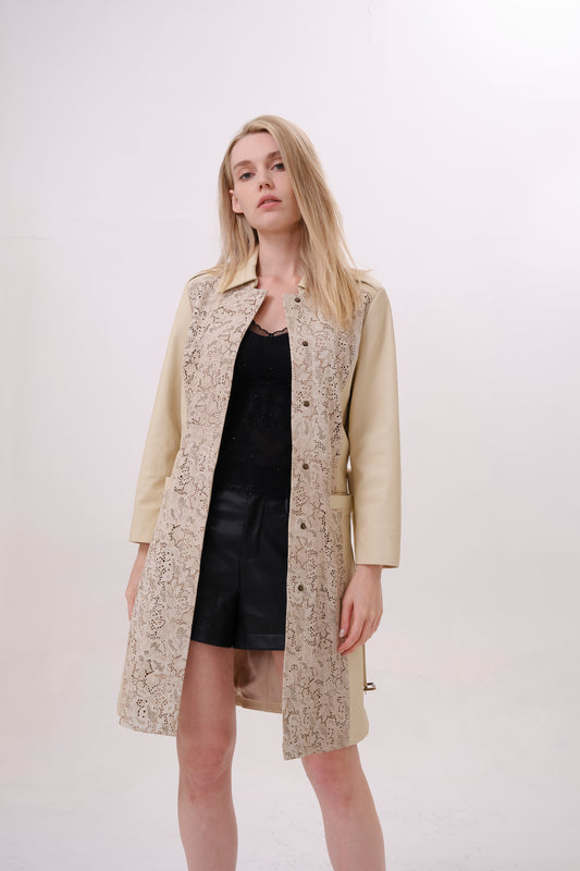 Beige Belted Lamb Leather Longline Trench Jacket