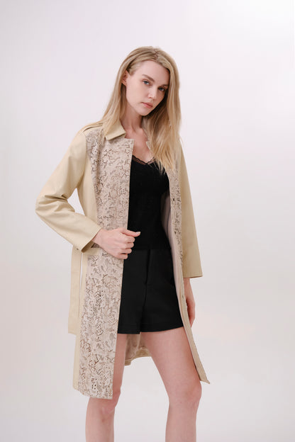 Beige Belted Leather Longline Trench Jacket