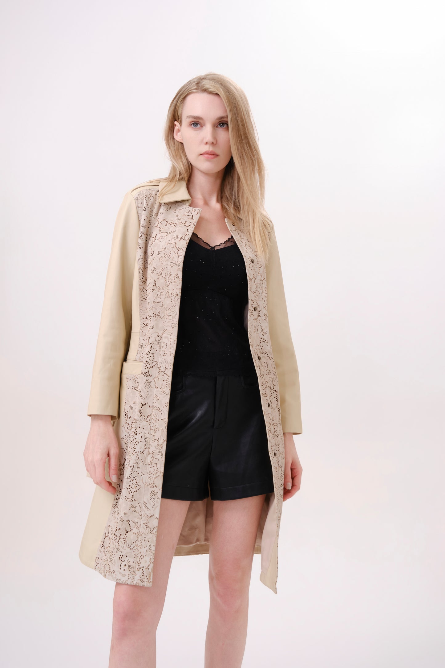 Beige Belted Leather Longline Trench Jacket