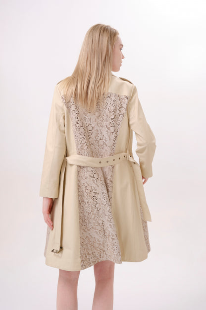 Beige Belted Leather Longline Trench Jacket