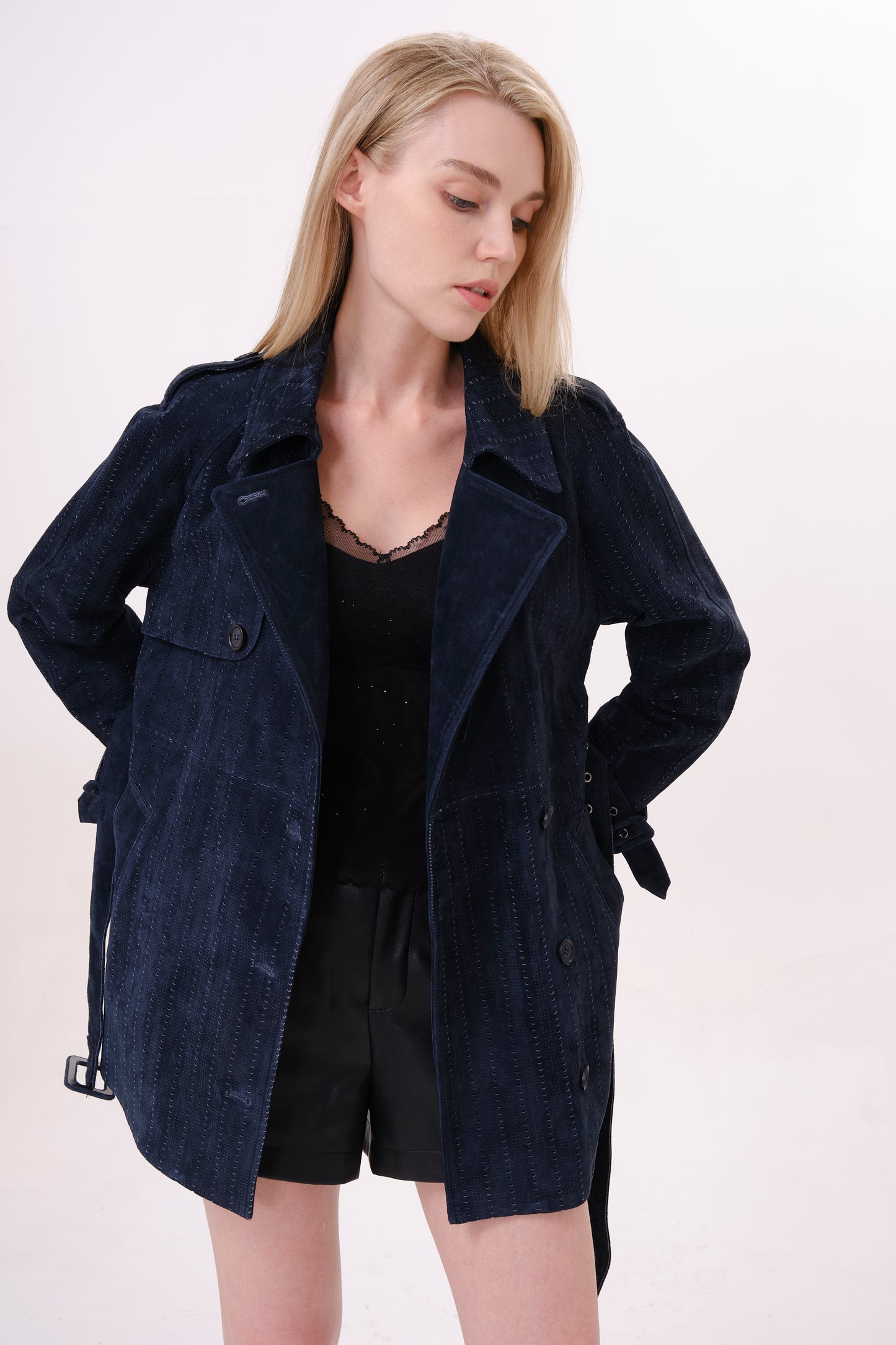 Navy Longline Suede Jacket
