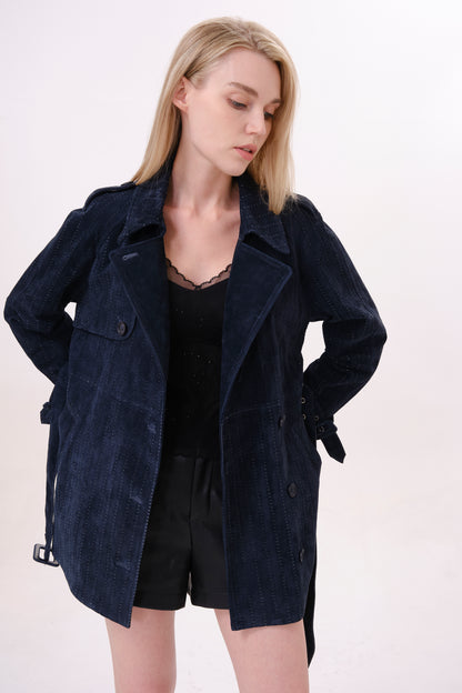 Navy Longline Suede Jacket