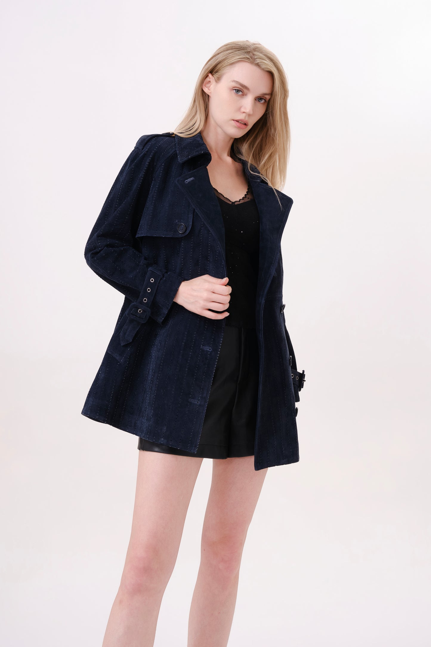 Navy Longline Suede Jacket