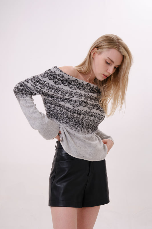 Grey Jacquard Crystal Embellished Off-Shoulder Knit Top