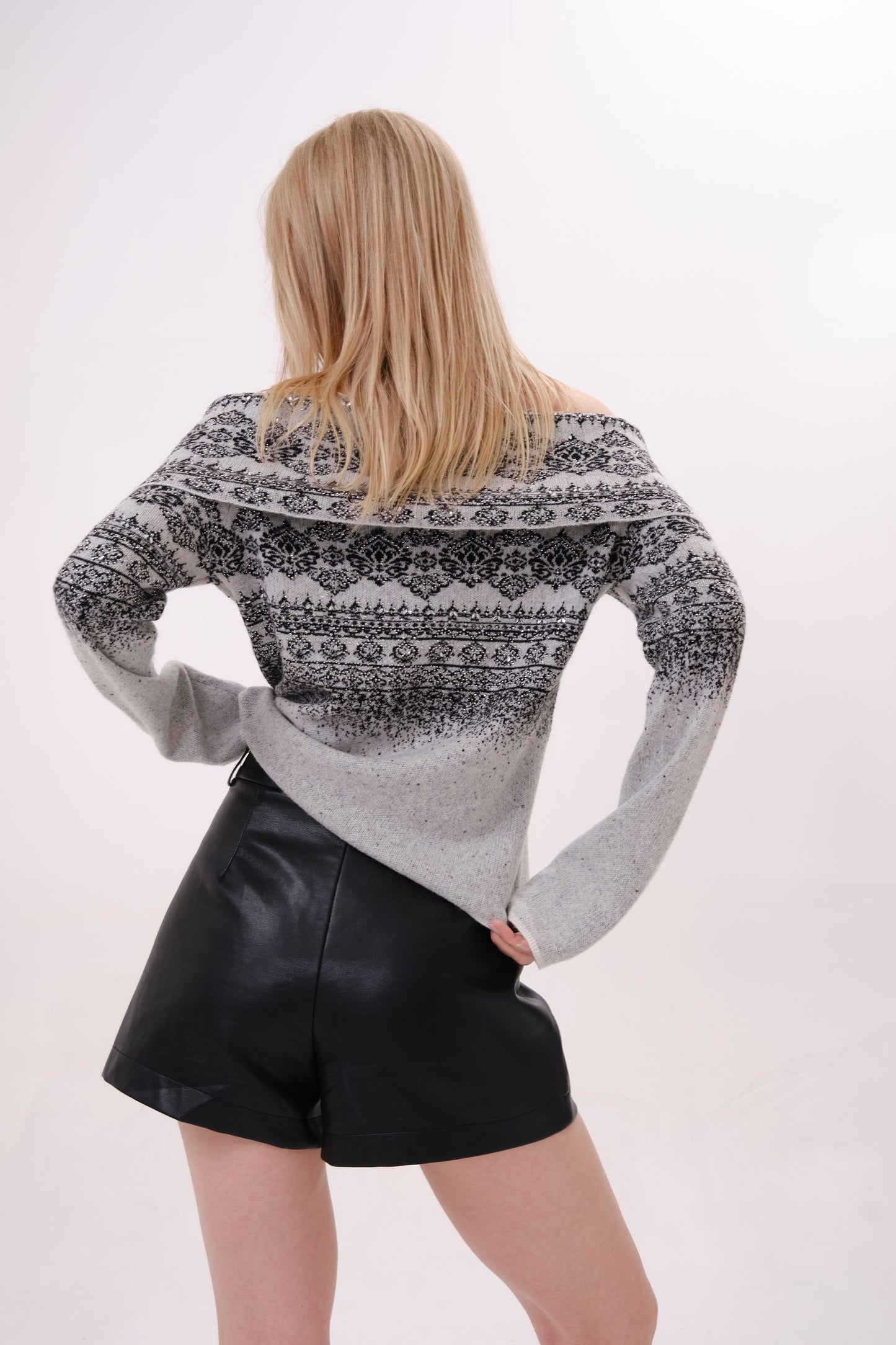 Grey Jacquard Crystal Embellished Off-Shoulder Knit Top