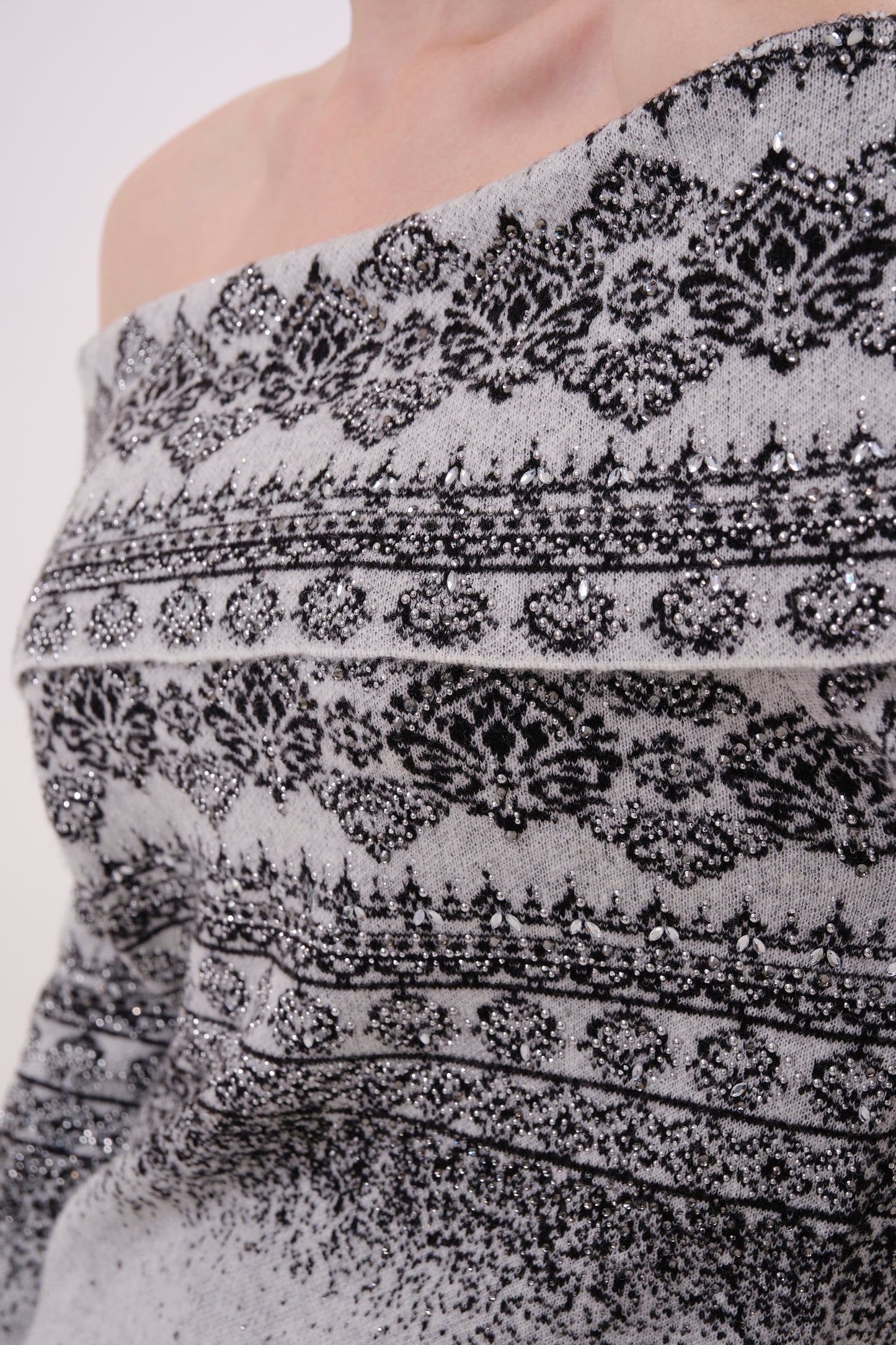 Grey Jacquard Crystal Embellished Off-Shoulder Knit Top