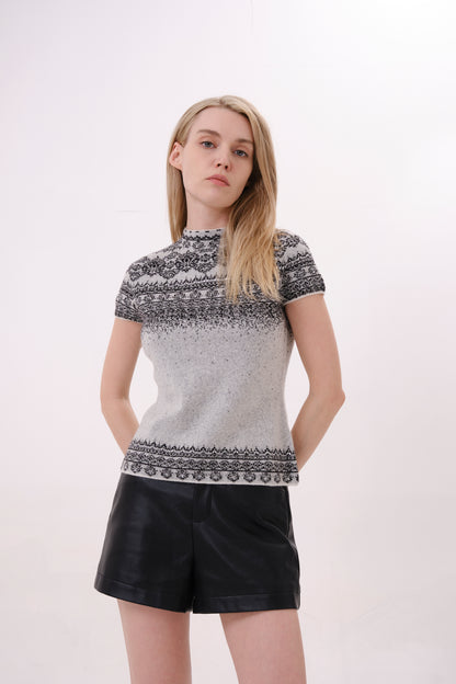 Grey Crystal Embellished Cap Sleeve Knit Top