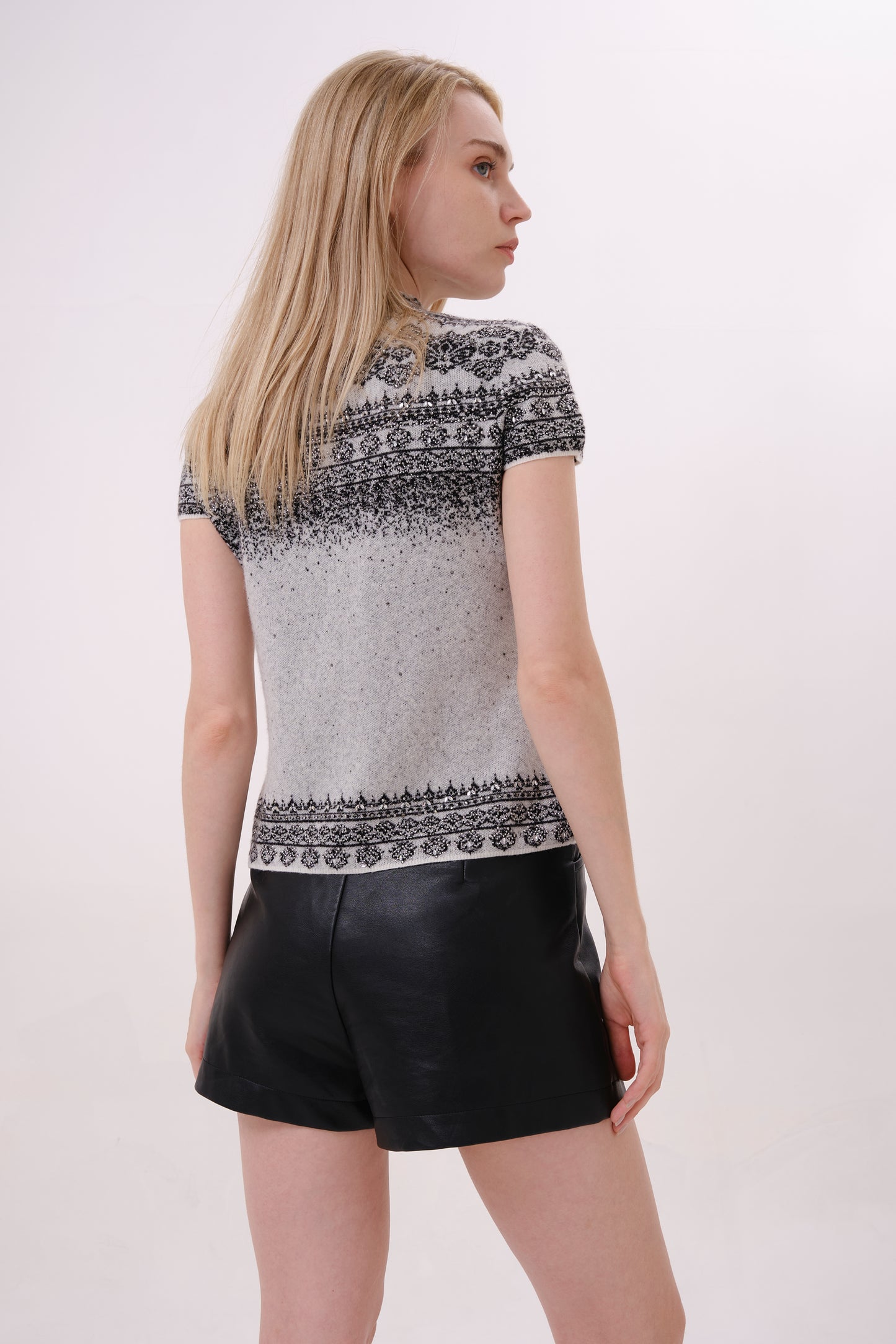 Grey Crystal Embellished Cap Sleeve Knit Top