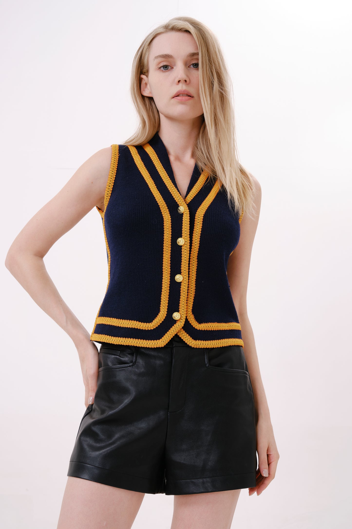 Navy V-Neck Sleeveless Knit Top