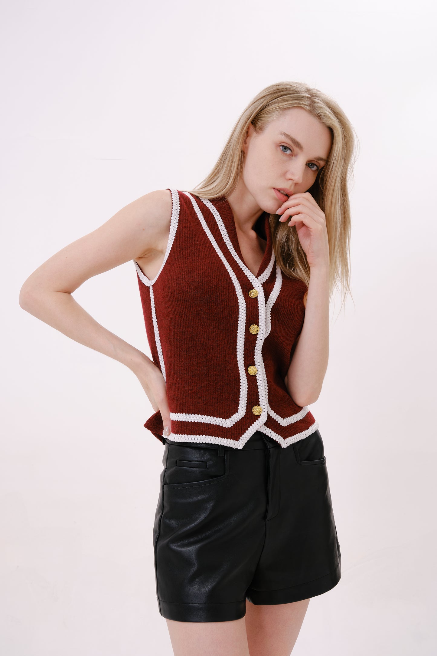 Burgundy V-Neck Sleeveless Knit Top