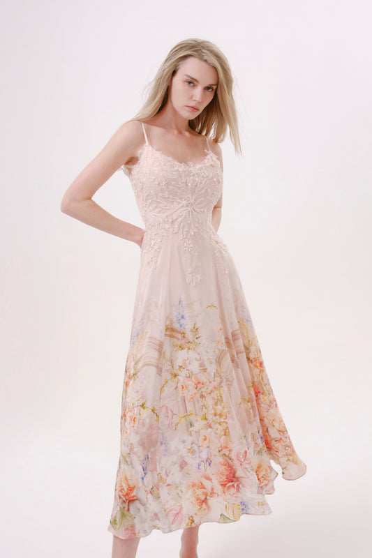 Pink Floral Silk Spaghetti Strap Dress