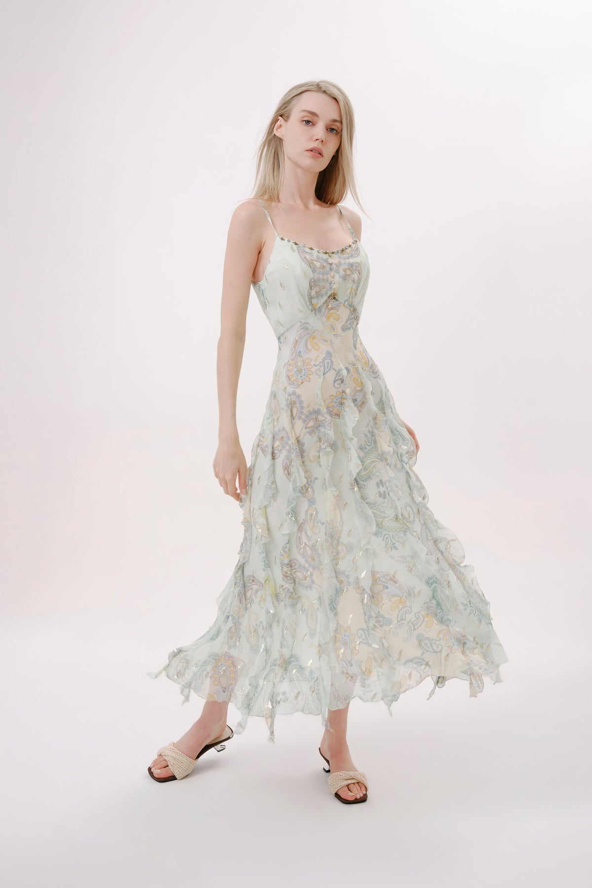 Green Paisley Silk Spaghetti Strap Dress