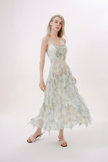 Green Paisley Silk Spaghetti Strap Dress