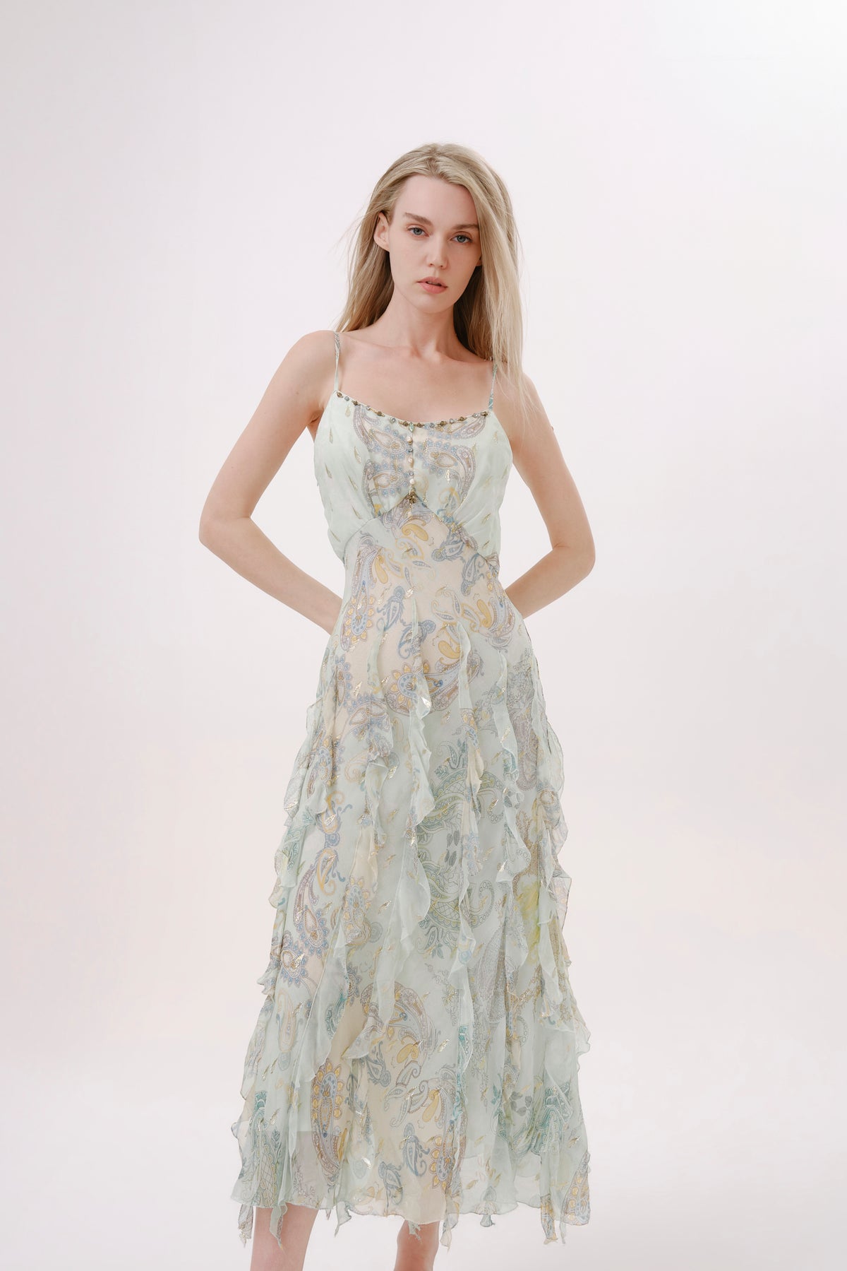 Green Paisley Silk Spaghetti Strap Dress