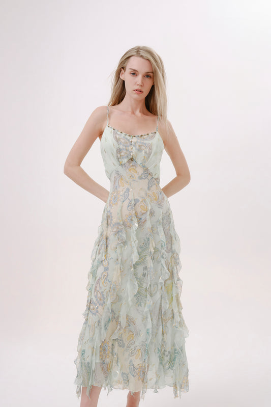 Green Paisley Silk Spaghetti Strap Dress