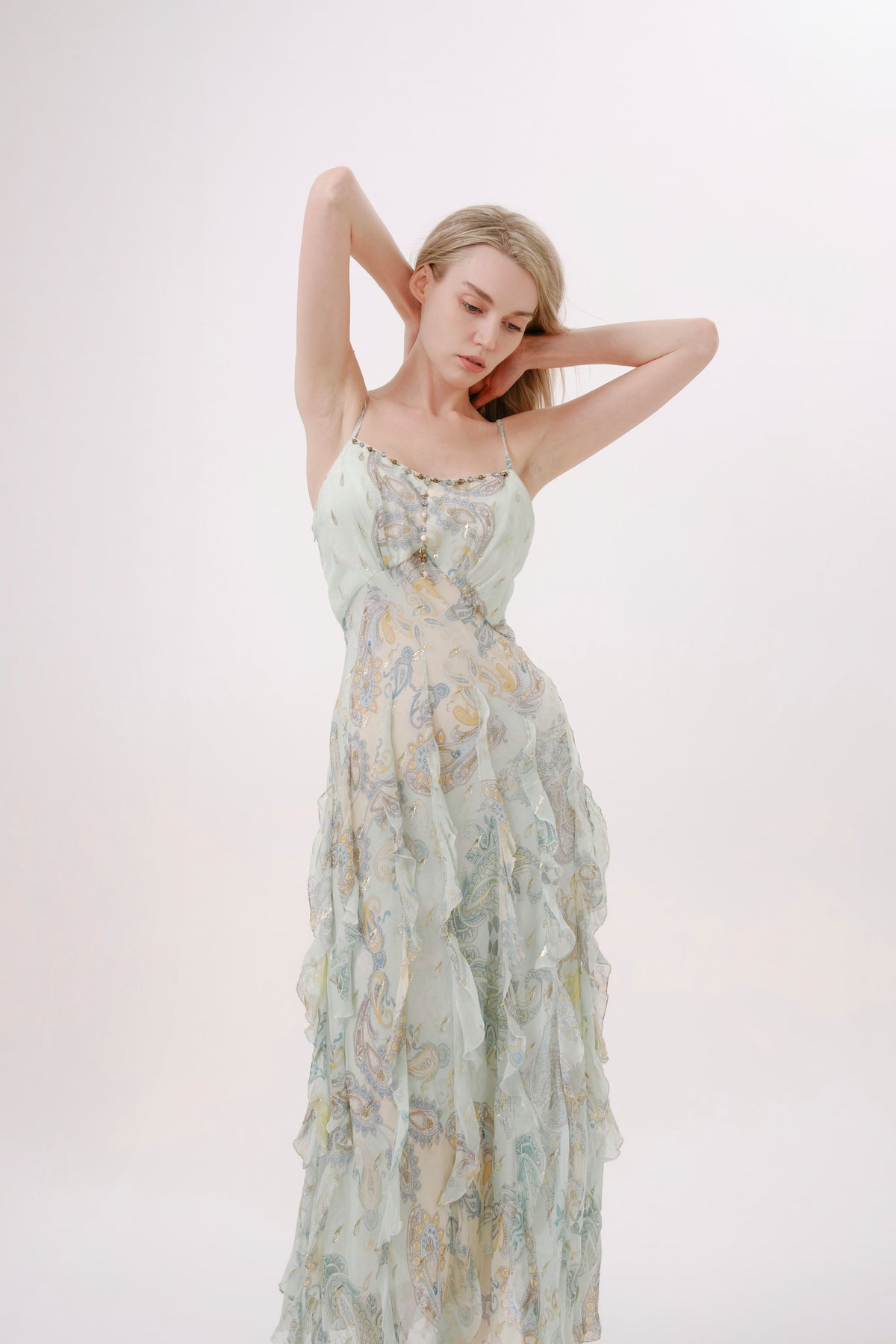 Green Paisley Silk Spaghetti Strap Dress