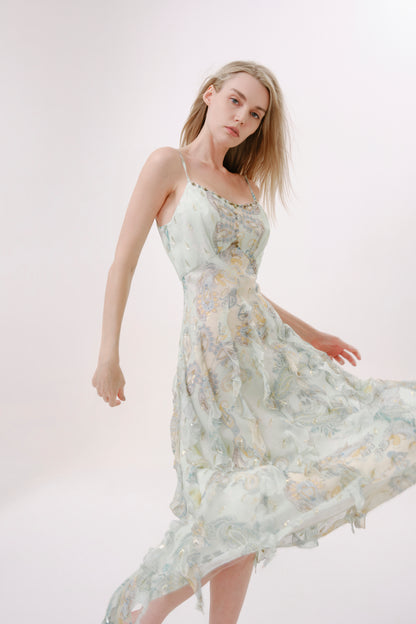 Green Paisley Silk Spaghetti Strap Dress