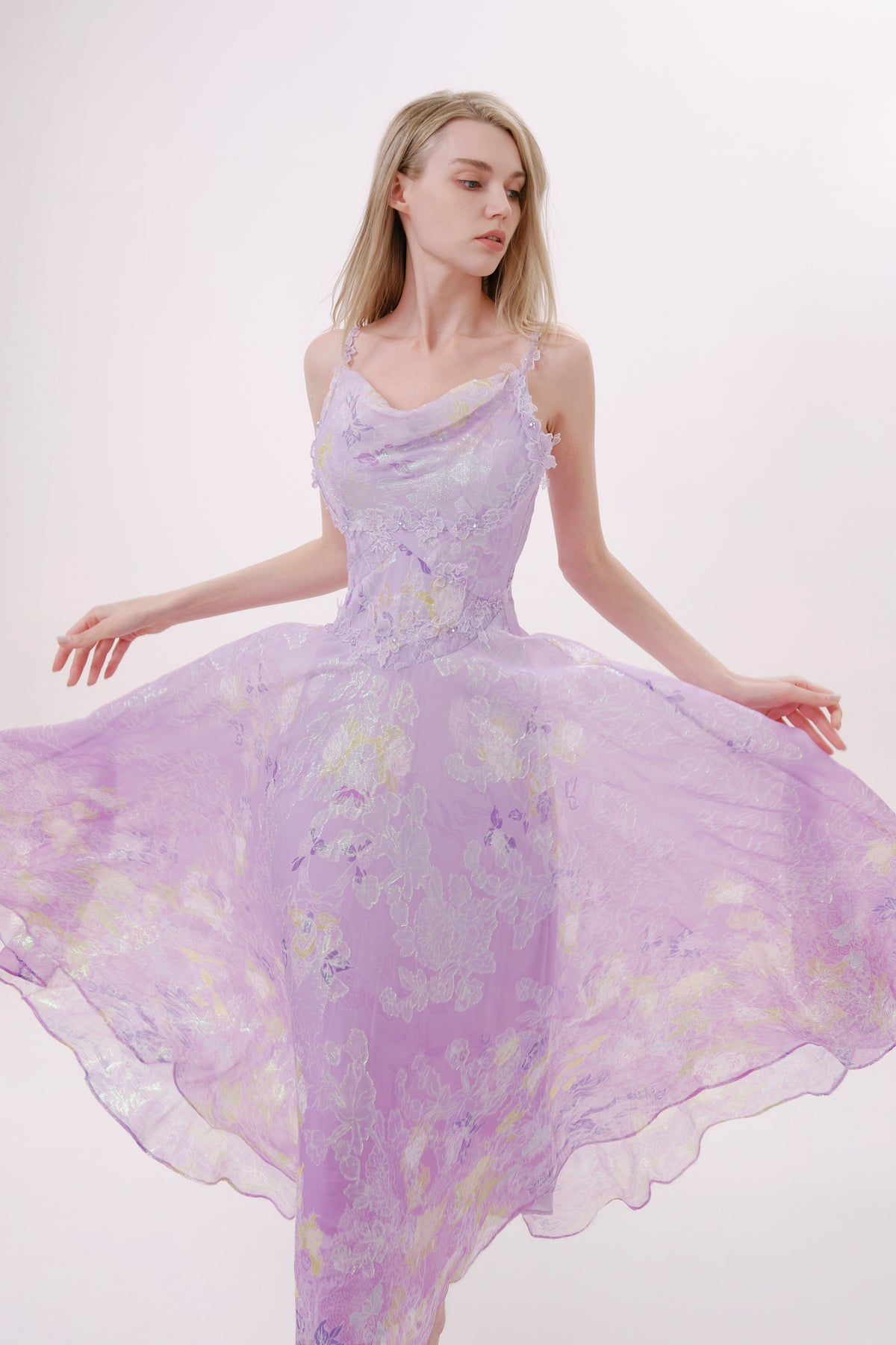 Purple Floral Silk Cowl Neck Dress