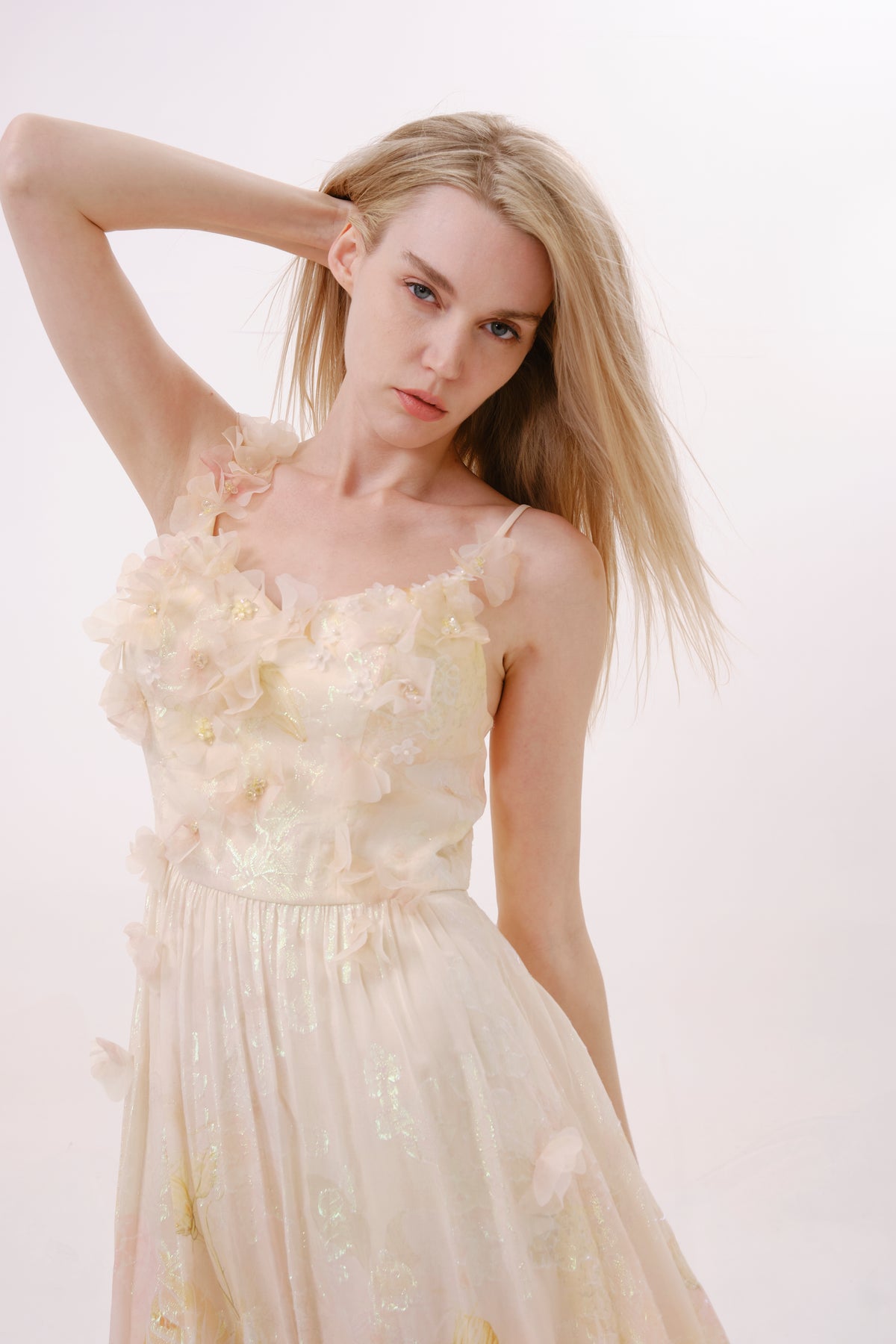 Yellow Floral Silk Strapless Dress