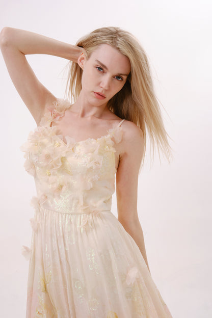 Yellow Floral Silk Strapless Dress