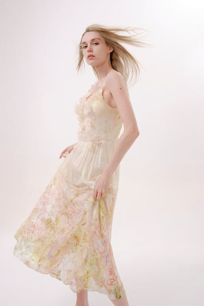 Yellow Floral Silk Strapless Dress
