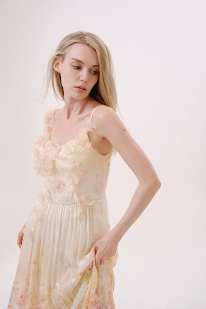 Yellow Floral Silk Strapless Dress