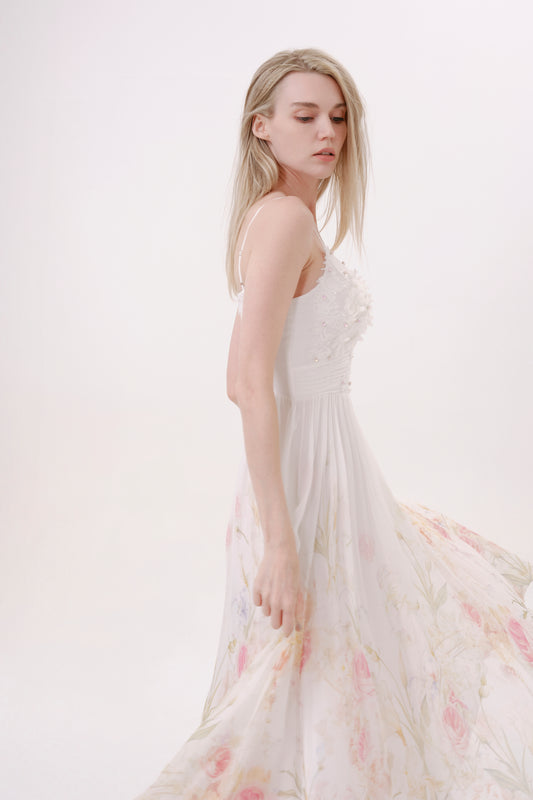 White Pink Floral Silk Dress
