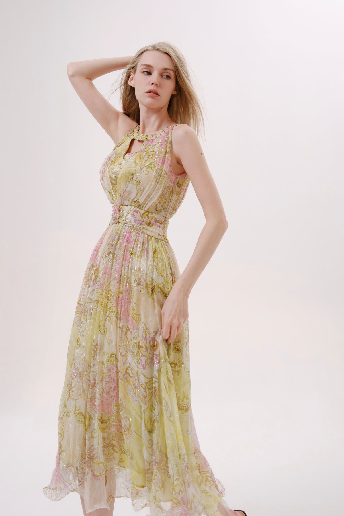 Green Floral Silk Halter Neck Dress