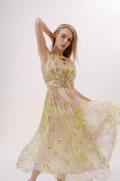 Green Floral Silk Halter Neck Dress