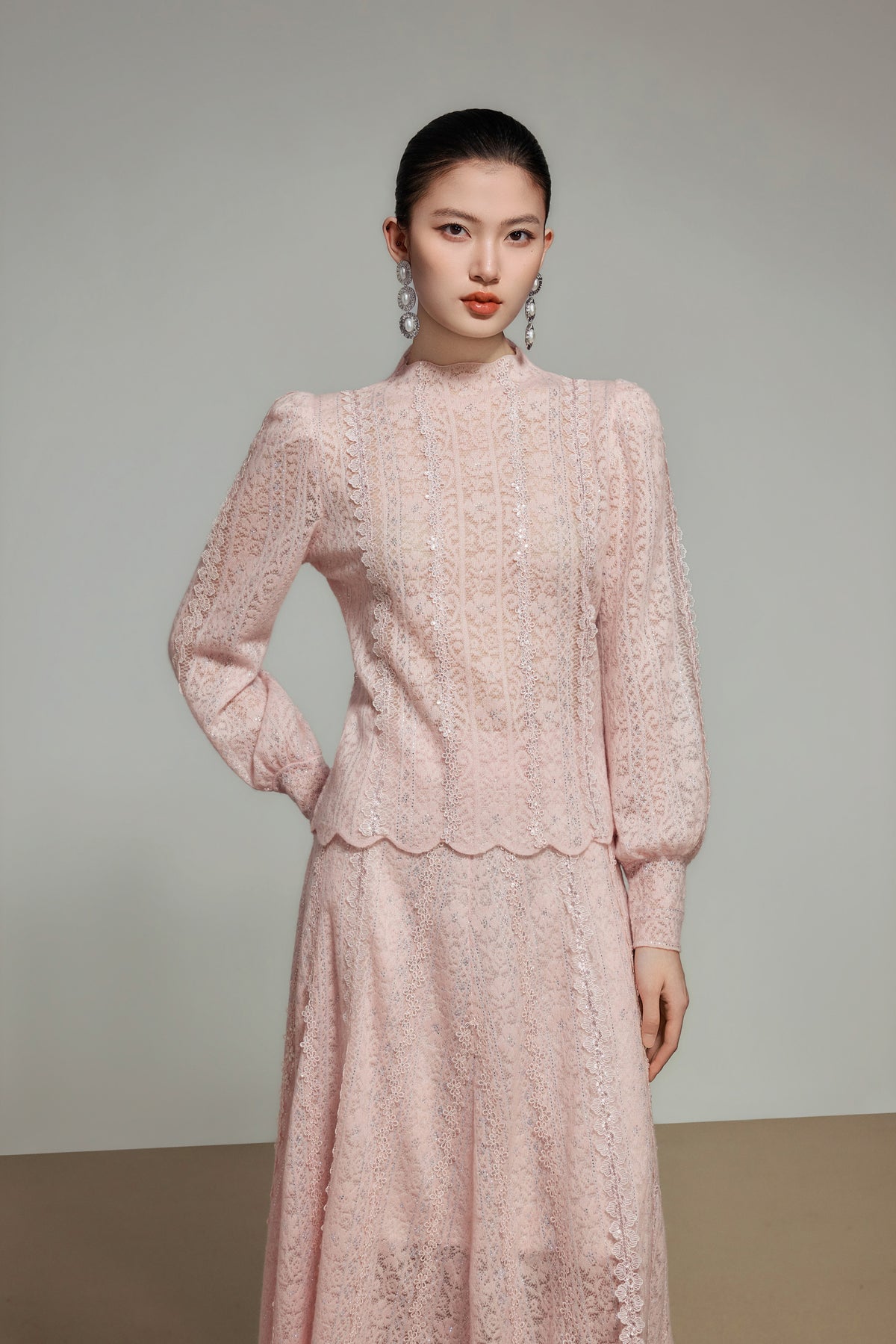 White Lace Wool Knit Long Sleeve Top