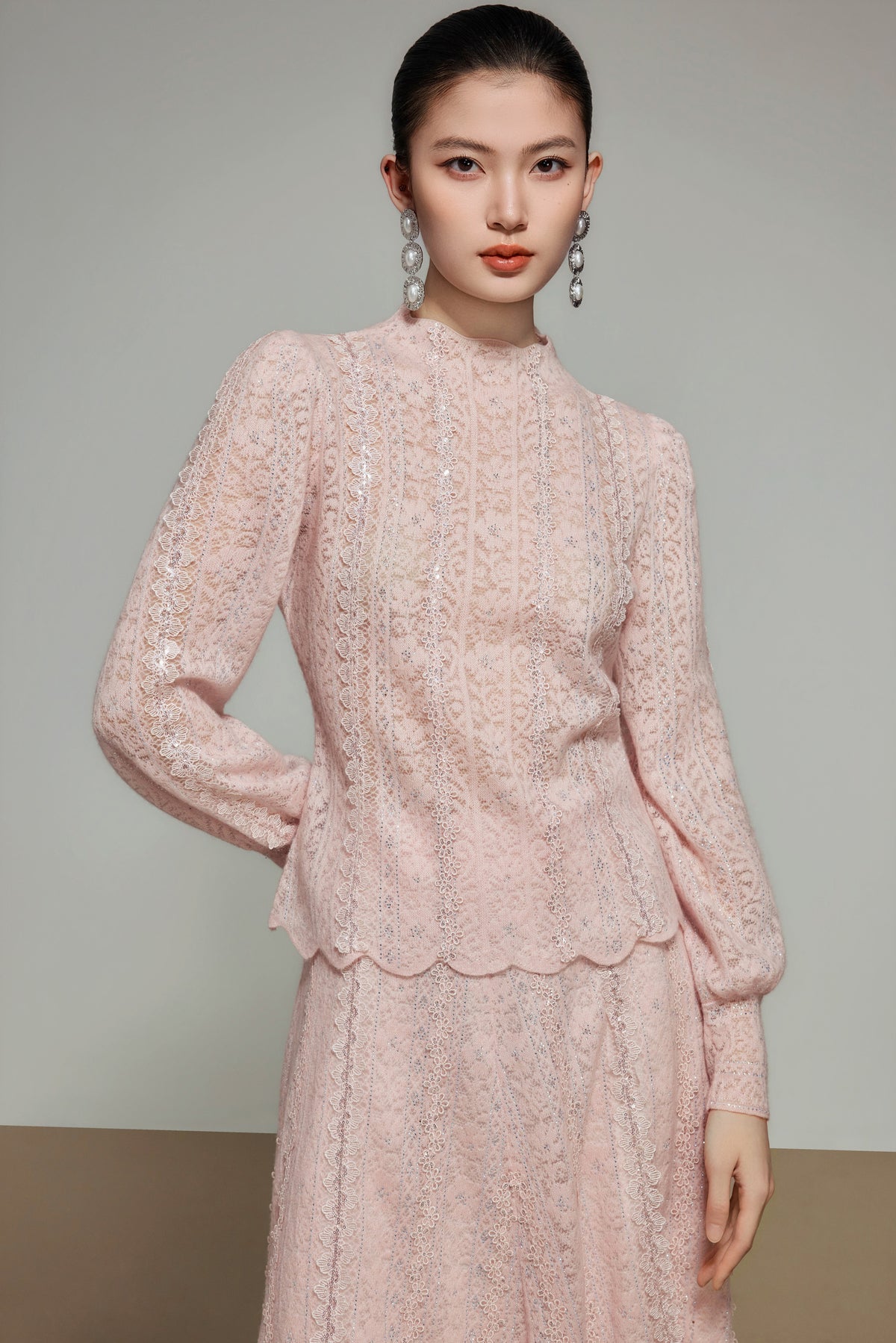 White Lace Wool Knit Long Sleeve Top