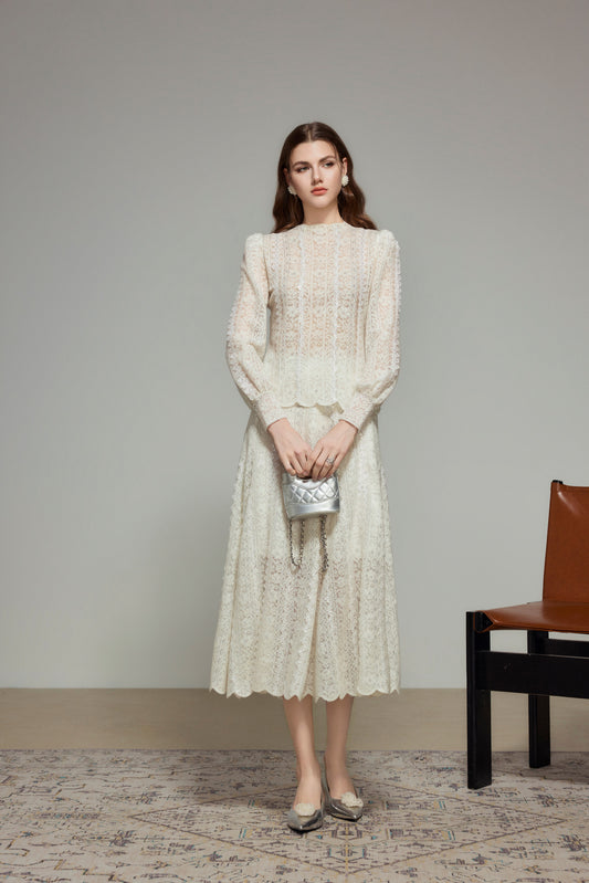 White Wool Knit A-Line Skirt