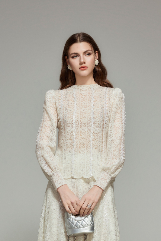 White Lace Wool Knit Long Sleeve Top