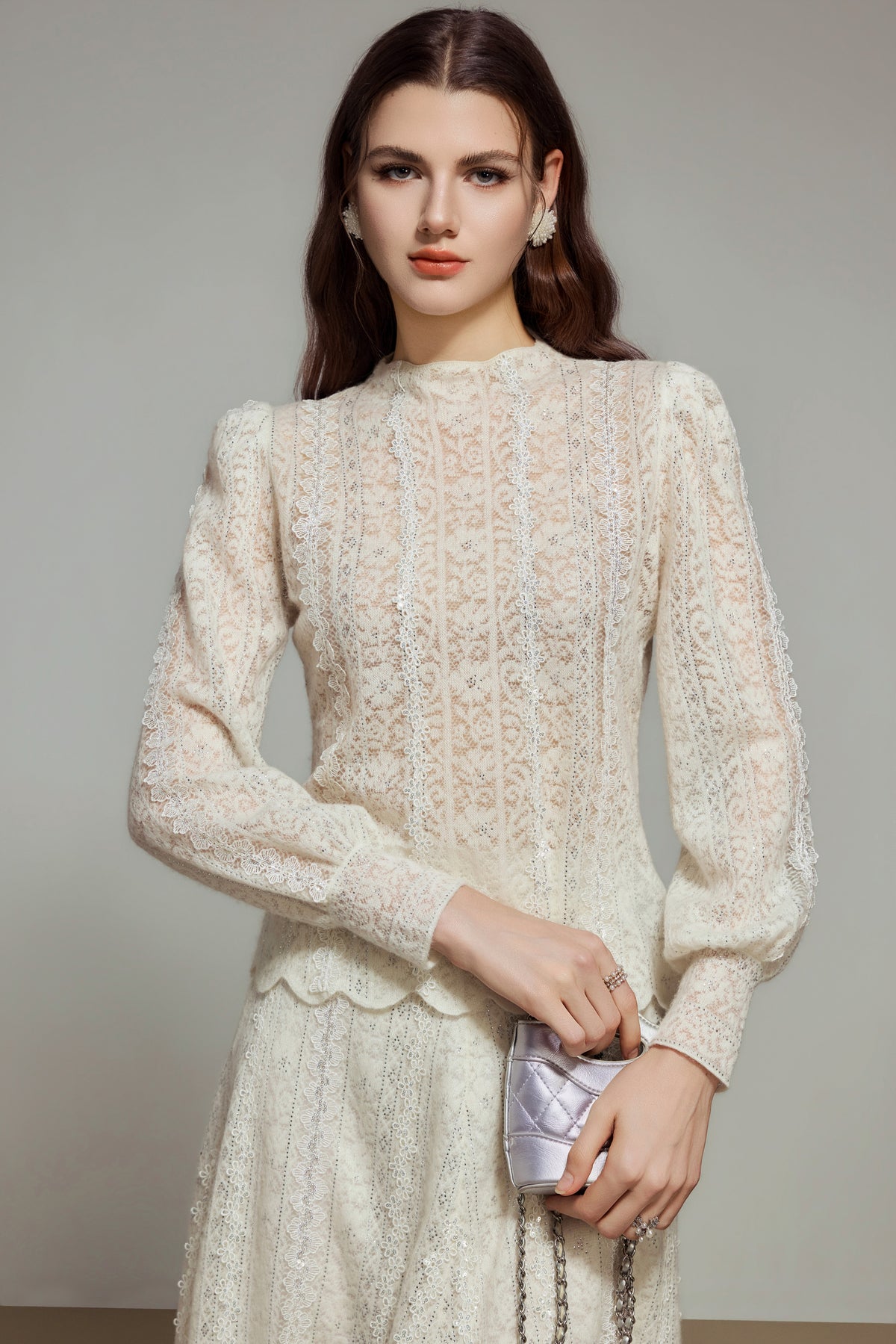 White Lace Wool Knit Long Sleeve Top