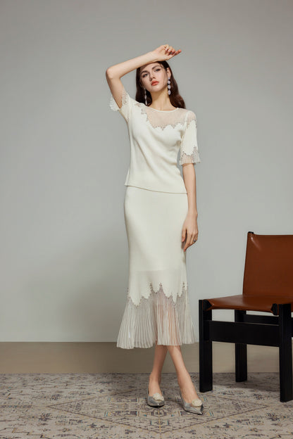 White Rhinestone Embellished Knit Fishtail Skirt