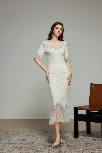 White Rhinestone Embellished Knit Fishtail Skirt