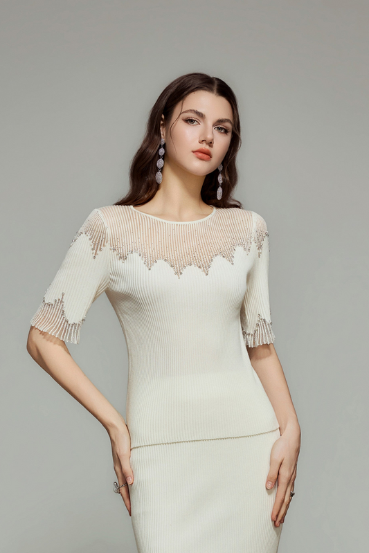 White Sheer Neckline Rhinestone Short Sleeve Knit Top
