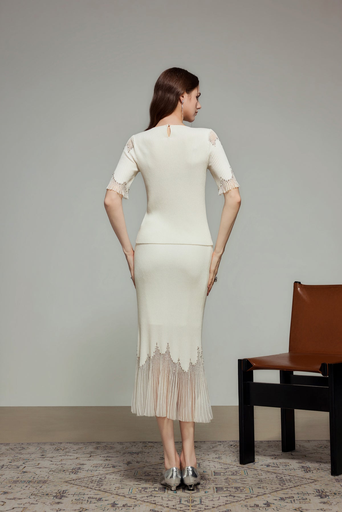 White Rhinestone Embellished Knit Fishtail Skirt