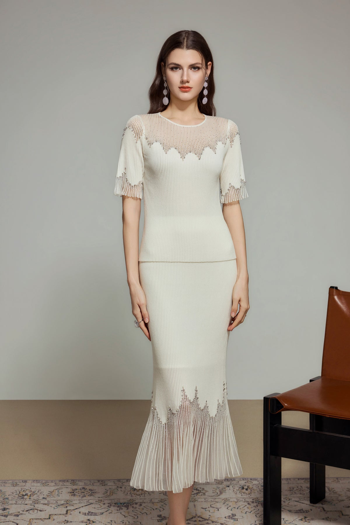 White Sheer Neckline Rhinestone Short Sleeve Knit Top
