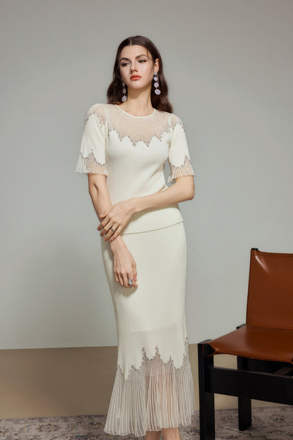 White Rhinestone Embellished Knit Fishtail Skirt