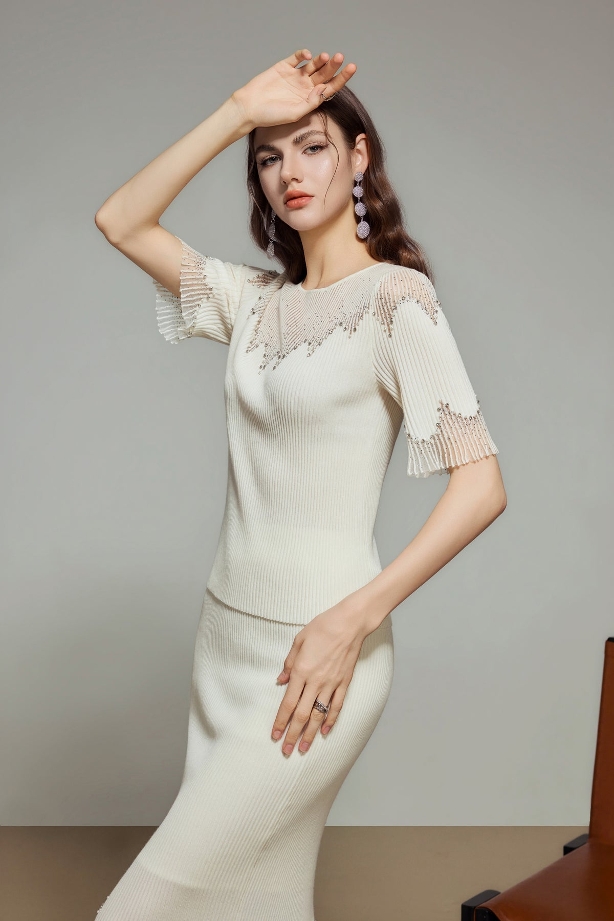 White Sheer Neckline Rhinestone Short Sleeve Knit Top